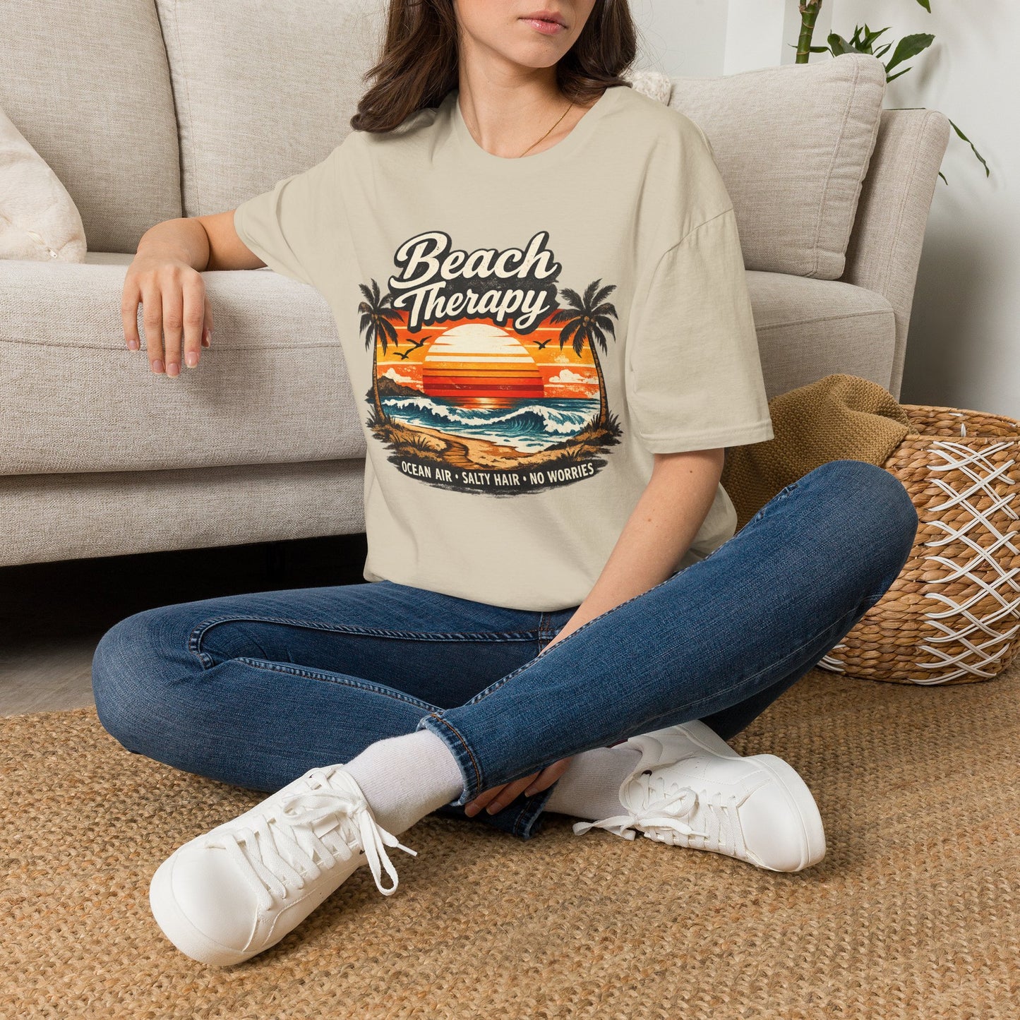 Beach Therapy Vintage Sunset T-Shirt – Ocean Air Salty Hair No Worries Summer Beach Shirt