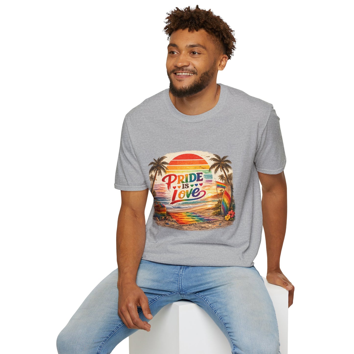 🌈 Pride Is Love Beach Edition T-Shirt | LGBTQ+ Pride Month Retro Sunset Surf Shirt | Rainbow Beach Summer Tee