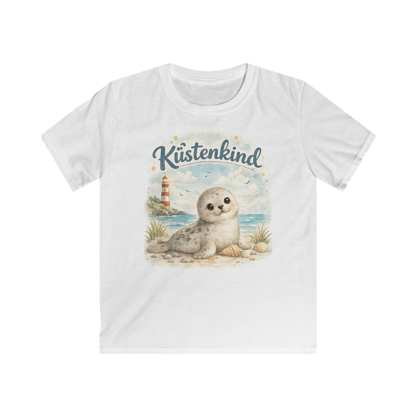 Küstenkind Robbe Kinder T-Shirt – Süße Seehund Illustration mit Leuchtturm | Nordsee Strand Shirt für Kinder