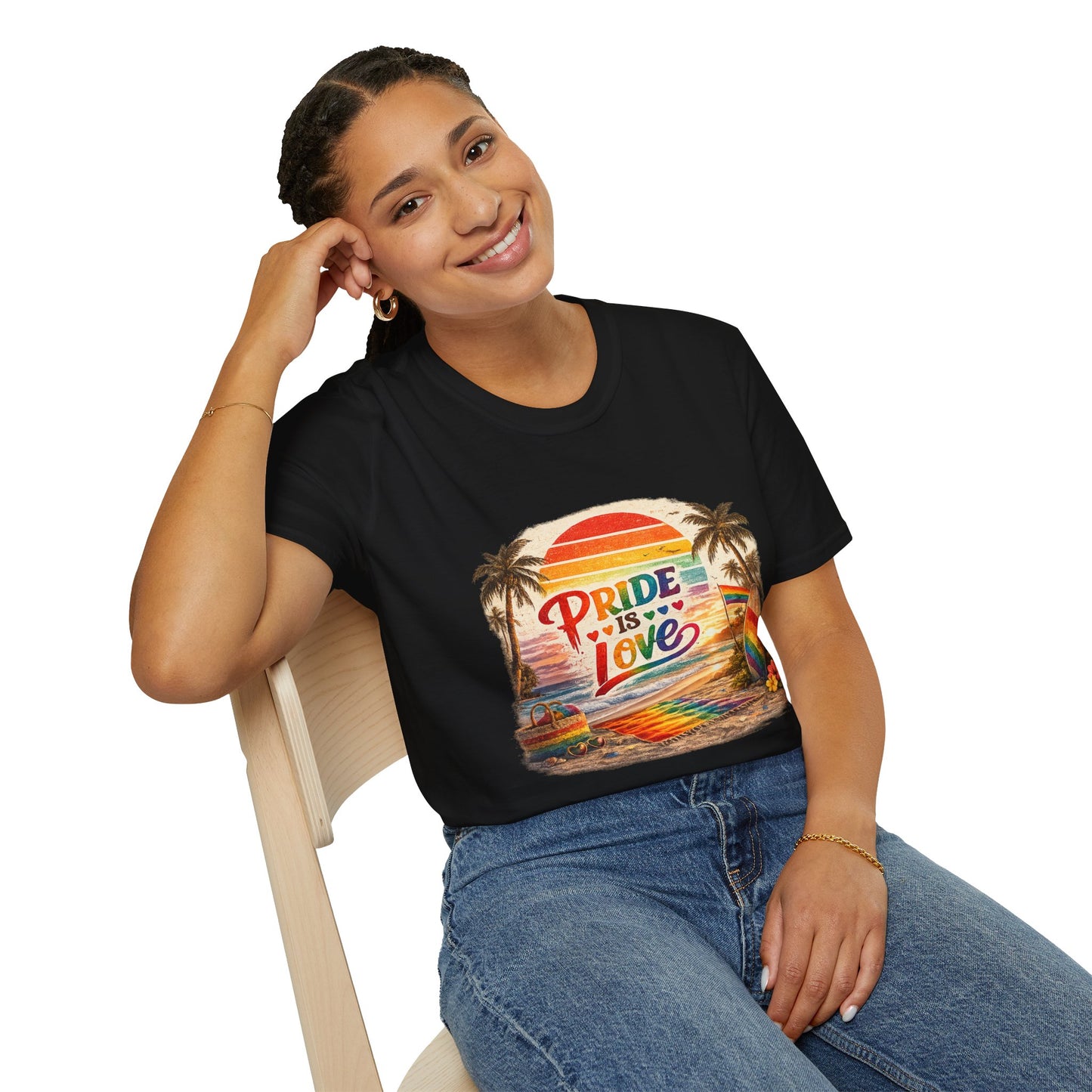 🌈 Pride Is Love Beach Edition T-Shirt | LGBTQ+ Pride Month Retro Sunset Surf Shirt | Rainbow Beach Summer Tee