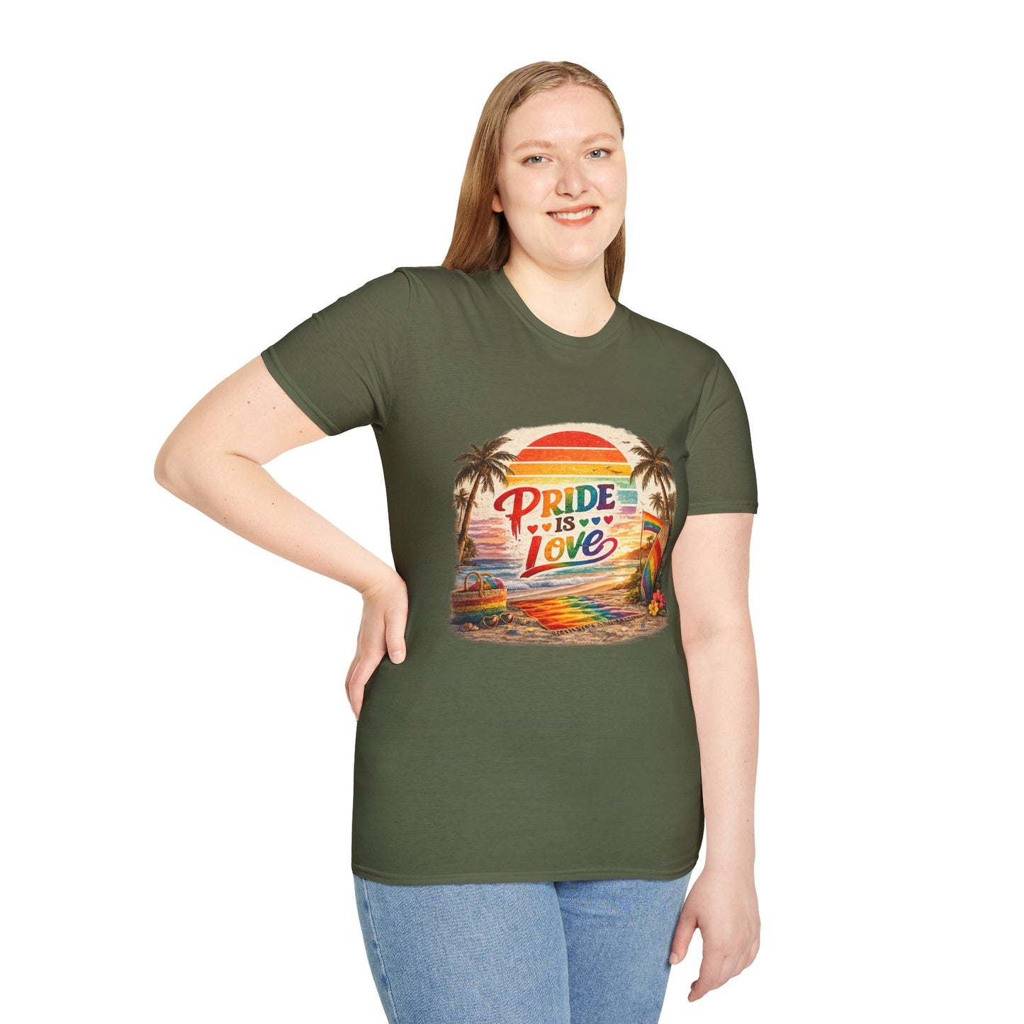 🌈 Pride Is Love Beach Edition T-Shirt | LGBTQ+ Pride Month Retro Sunset Surf Shirt | Rainbow Beach Summer Tee